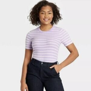 A New Day T-Shirt Plus 2X Striped‎ Short Sleeve Ribbed Crew Neck Purple White